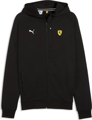 Produktbild von Ferrari Kapuzensweatjacke "Logo" Puma 2026 – Schwarz, mit Ferrari Wappen-Logo, durchgehendem Reißverschluss und verstellbarer Kapuze – Offizielles Ferrari Produkt von Puma