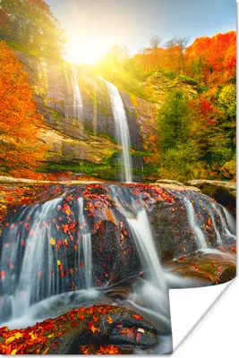 Produktbild von MuchoWow® Poster Wasserfall - Natur - Herbst - Rot - Wasser 120x180 cm - Kunstposter