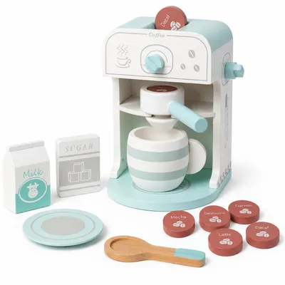 Produktbild von Holz-Kaffeemaschine für Kinder mit Zubehör – Rollenspiel-Set in Mint/Weiß, KI-generiertes Bild