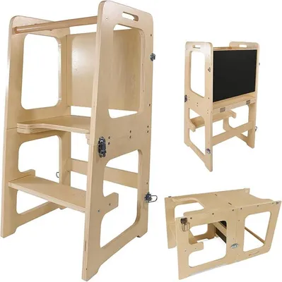 Imagen del producto de Torre de aprendizaje de madera de abedul. Torre Montessori con pizarra, transformable en mesa y silla. Ayuda para la cocina para niños de 1,5 a 5 años, con capacidad de carga de hasta 50 kg. Compacta, ideal para cocinas y baños pequeños