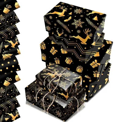 Image de Papier d'emballage doré et noir, motifs de Noël, 12 feuilles, 68x50 cm