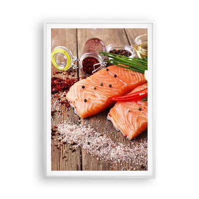 Produktbild von Gerahmtes Poster - Weißer Rahmen - Lachs Fisch Essen Küche - 70x100 cm - Wand Bild - Wanddeko - Wandbilder - Kunstposter - Wandposter - Bilderrahmen - Bilder - Kunstdruck - Wandbild - P2WPA70x100-2822