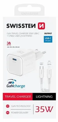 Obrázok produktu pre Swissten, ultrarýchla nabíjačka GaN USB-C 35 W s káblom Lightning 1,2 m, biela