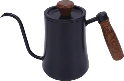 A black gooseneck kettle with a wooden lid and handle is shown against a white background.