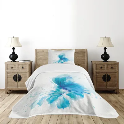 Immagine prodotto di Set copriletto ABAKUHAUS acquerello, farfalla blu astratta su un romantico disegno artistico floreale, 170 x 220 cm, blu cielo e bianco