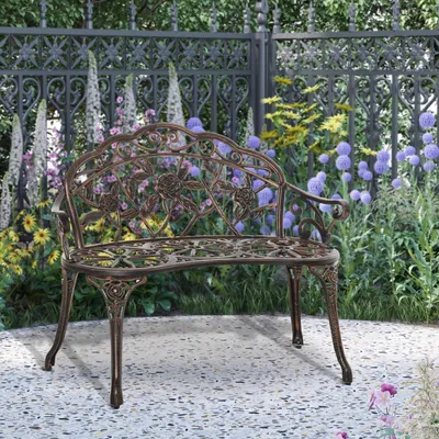 Produktbild von Gartenbank 2-Sitzer Gussaluminium Retro, Metall-Parkbank Blumenmuster wetterfest, Antik-Sitzbank, Bronze | 100x54x78 cm | 10 kg | Armlehnen