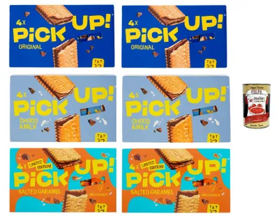 Produktbild von Pick Up Testpaket,Milchschokoladentafel im Doppelkeks, 6x 112g Packung, Jede Packung enthält 4 Kekse à 28g + Italian Gourmet Polpa di Pomodoro 400g Dose