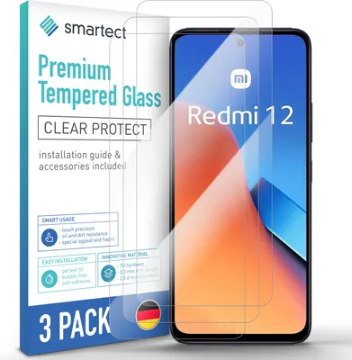 A product package for screen protectors for a Xiaomi Redmi 12 phone, with the phone itself shown with the screen protector applied.