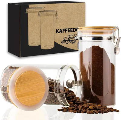 Produktbild von PolkaHome® Luftdichte Kaffeedosen Set mit 2 Bambusdeckeln + Etiketten – Vorratsdosen für Kaffeebohnen, Mehl, Zucker und mehr