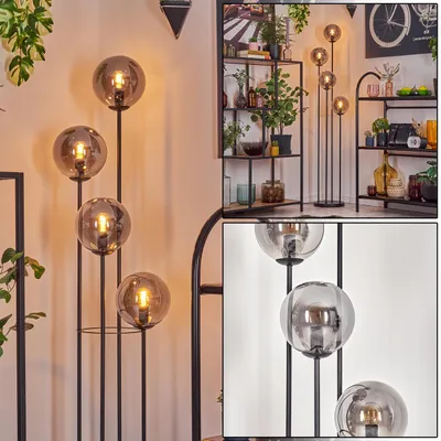 Produktbild von Fossobiubo Stehlampe aus Metall/Riffelglas in Schwarz/Rauchfarben mit Fußschalter