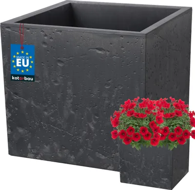 Image de KOTARBAU® Pot de fleurs carré 39 x 39 x 37 cm Cache-pot aspect béton en PVC Bac à fleurs pour l'extérieur et l'intérieur Gris foncé Cache-pot avec pot intérieur