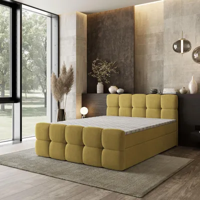 Produktbild von Masseno Boxspringbett BRUME 140x200 cm Komplett-Set mit Bonell Matratze und Topper, Polsterbett mit Bettkästen -Gelb, SORO 40