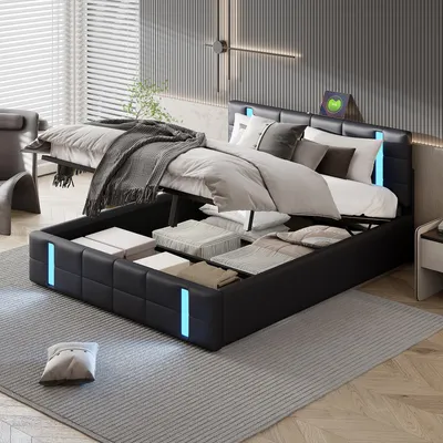 Letto Matrimoniale Imbottito King Size Con Contenitore E LED – Pelle PU, 4 Cassetti, Testiera Regolabile – Grigio 140x200 Cm