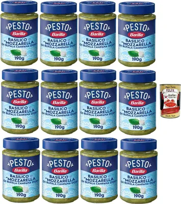 Produktbild von Barilla Pesto Basilico mit Mozzarella di Bufala Campana DOP, Glutenfrei, 190 g, 12er Pack, + Italian Gourmet polpa 400g