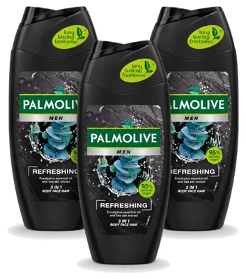Imagen del producto de 3 unidades de gel de ducha 3 en 1 Palmolive Men, refrescante, 250 ml. Paquete económico