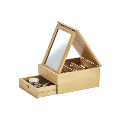 A wooden jewelry box with a mirror and a drawer, shown against a white background.