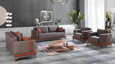 Produktbild von Design Modernes Wohnzimmer Set Sofagarnitur 3+2+1+1 Grau Wohnzimmer Möbelset