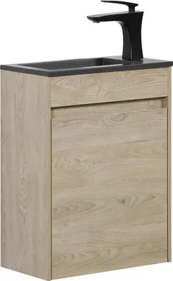 Produktbild von Badplaats Gäste-WC Waschtisch Set Sinta 40 x 22 cm Kastanien Eiche - Badmöbel mit Schwarze Waschbecken und Unterschrank, Vormontiert und mit Soft-Close