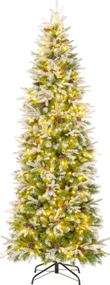 A full shot of a decorated artificial Christmas tree.