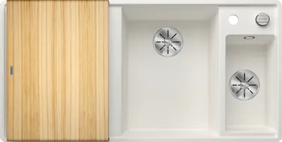 Produktbild von BLANCO AXIA III 6 S-F, SILGRANIT® PuraDur®, weiß, Becken rechts, mit Ablauffernbedienung, inkl. Holzschneidbrett