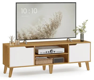 Zdjęcie produktu dla Komoda RTV VASAGLE, szafka pod telewizor, przeznaczona do telewizorów o przekątnej do 65 cali, o długości 147 cm – kolor: naturalny dąb + kremowy biały
