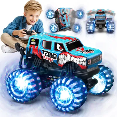 Productafbeelding van RC-auto, monstertruck, dinosaurus met lichtgevende wielen, 360° draaibaar en kan rechtop rijden