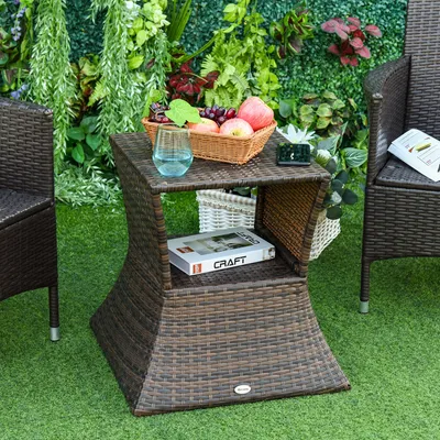 Produktbild von Gartentisch mit Sonnenschirmloch Polyrattan, Beistelltisch Schirmständer wetterfest, Metall Polyrattan, Braun | 54x54x55 cm | bis 30 kg | UV-beständig