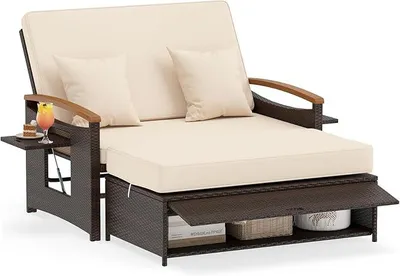 Produktbild von Polyrattan Sonnenliege, Gartenliege mit Verstellbarer Rückenlehne & ausklappbarem Seitenablage, Loungebett, Doppelliege mit Auflage, Gartensofa mit Liegefunktion für Garten, Balkon (Beige)