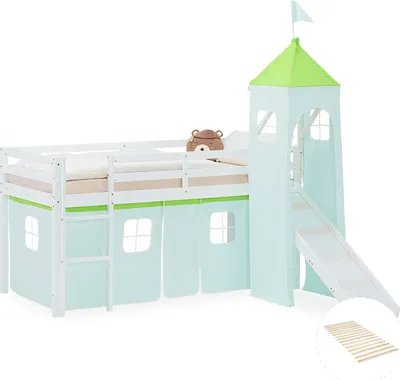 Produktbild von Homestyle4u Kinder Hochbett 90x200 Rutsche Lattenrost Vorhang Turm grün Kinderbett Weiß Holz Kiefer Massiv