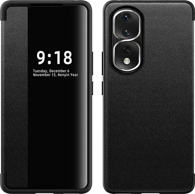 Image de Etui pour Honor 80 Pro Etui plat et fin en cuirPolyuréthaneavec fenêtre d'affichage noir