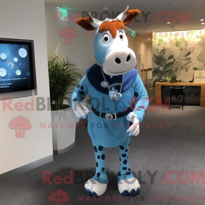 Image de Personnage mascotte REDBROKOLY d une vache bleue de Guernesey habillée d une robe longue et de montres connectées