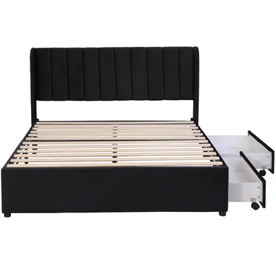 Produktbild von okwish Polsterbett 160 x 200 cm Doppelbett Bettgestell Samt mit 2 Schubladen,Lattenrost und Rückenlehne Jugendbett Schwarz