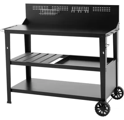 Obrázek produktu pro COOKINGBOX Multifunkční grilovací deska "Chariot" s odkládací plochou, rozměry 100 x 50 cm, perforovaná zadní stěna, boční háčky, velká zadní kola, ocelový rám, černá barva