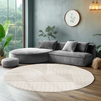 Produktbild von Hochflor Rund Teppich Wohnzimmer Küchenteppich Schlafzimmer Flur Skandi Boho Teppich 3D Design Flauschig Weich , Größe : 120 cm Rund , Farbe : Creme