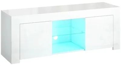 Image de Meuble TV bas - Meuble TV - 120 x 34 x 45 cm - Éclairage LED - 2 portes - Finition laquée brillante - Plateau en verre - Blanc