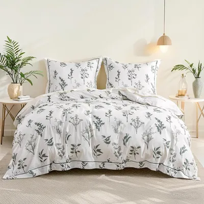 Obrázok produktu pre Sada posteľnej bielizne 135x200 cm, bavlna, biela, 2-dielna, s vankúšovým obliečkom 80x80 cm, s botanickými vzormi