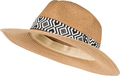 Produktbild von styleBREAKER Damen Panama Sonnenhut Einfarbig mit Stoff Hutband mit Azteken Muster, Strohhut, Schlapphut, Sommerhut, Fedora Hut 04025046