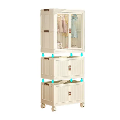Produktbild von Kinder-Kleiderschrank, platzsparender Mehrzweckschrank mit Rollen, stapelbarer Garderobenschrank für Kinderzimmer, mit 10 Kleiderständer, 65x42x145 cm