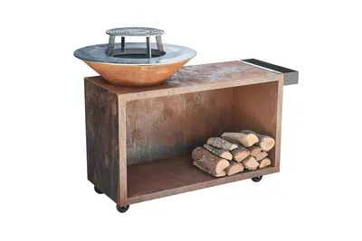 Image de Favilla FLAME - Brasero en acier Corten avec plaque de grill et plancha Anneau de cuisson - Rangement à bois - Effet patiné - Résistant aux intempérie