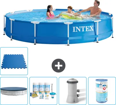 Produktbild von Intex-Schwimmbecken mit rundem Rahmen – 366 x 76 cm – Blau – im Lieferumfang enthalten Abdeckung - Wartungspaket - Filterpumpe für Schwimmbad - Filter - Bodenfliesen