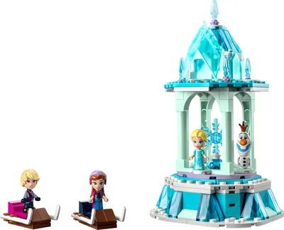 Produktbild von LEGO 43218 Disney Princess Annas und Elsas magisches Karussell, Die Eiskönigin Spielzeug, Inspiriert vom Frozen Eispalast mit 3 ikonischen Mikro-Puppen-Figuren und Olaf-Figur
