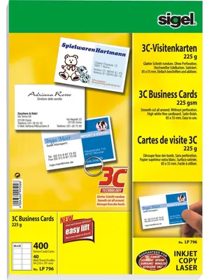 Produktbild von SIGEL LP796 Visitenkarten, 3C, glatter Schnitt rundum, 225 g/m², hochweiß, 400 Stück