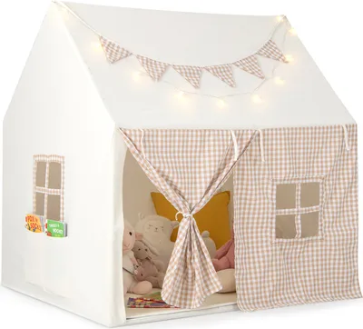 Produktbild von COSTWAY Kinderzelt für Drinnen, Kinder Spielhaus mit Matte & Lichtern, Spielzelt für Jungen & Mädchen 3-8 Jahren, Beige