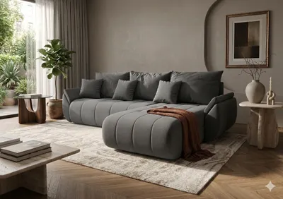 Image de Canapé d’angle SYDNEY droit gris maille Wind 90 - fonction couchage, coffre de rangement pour la literie