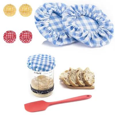 Produktbild von 6er Set Gärkorb-Abdeckungen,Elastische Stoffhauben für Sauerteig-Gläser,Passend für Ø 7,6-10,2 cm,Wiederverwendbare Brot-Gär-Abdeckung aus Baumwollmischung,Staubschutz-Set