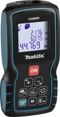 A black and blue Makita LD080PI laser distance measurer is shown against a black background. The device's screen displays measurements and icons.