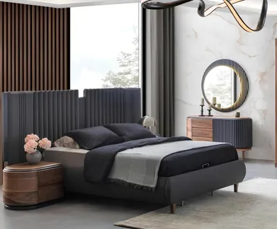 Produktbild von Moderne Graue Schlafzimmer Garnitur Textilbett Holz Nachttische Kommode