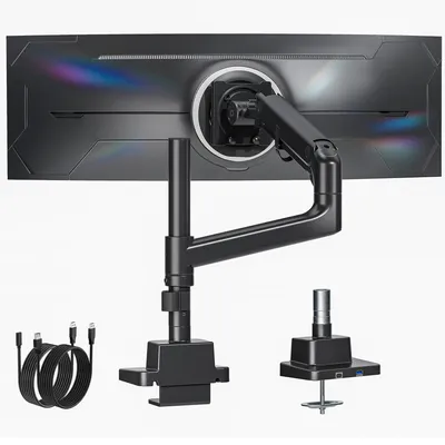 Image de Support d'écran robuste - Compatible avec les écrans de 17 à 57 pouces - Mécanisme à ressort à gaz réglable - Structure en métal noir - Fixation pour bureau