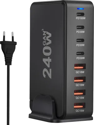A black multi-port fast charger with a power cord and plug.