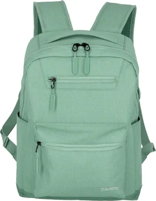 A green Travelite backpack is shown against a white background.